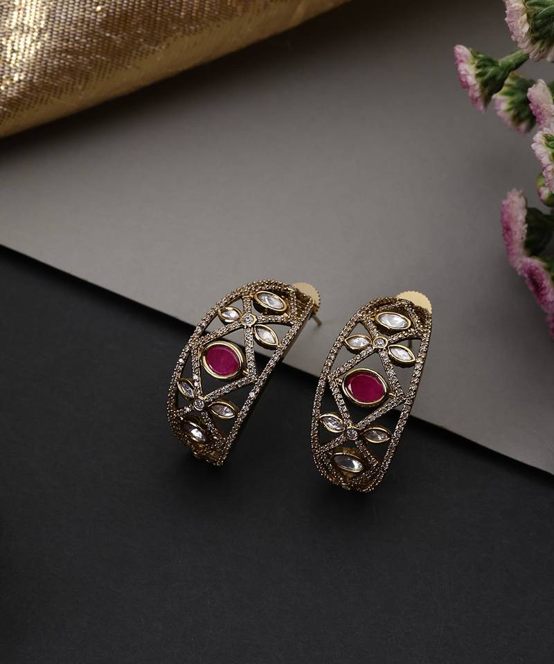 Gold plated ruby red polki hoop earrings