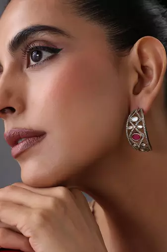Gold plated ruby red polki hoop earrings