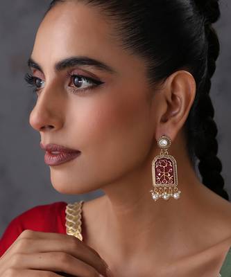 Gold plated red polki dangler earrings 1