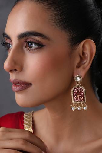 Gold plated red polki dangler earrings