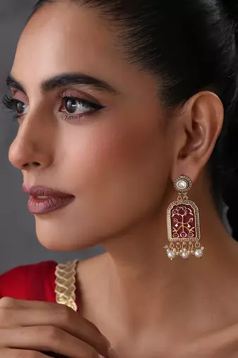 Gold plated red polki dangler earrings