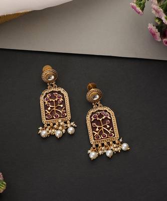 Gold plated red polki dangler earrings 2