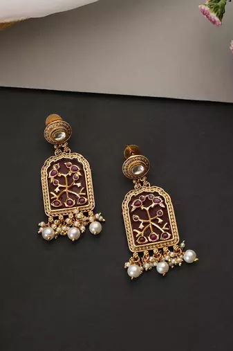 Gold plated red polki dangler earrings
