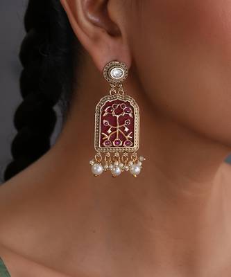 Gold plated red polki dangler earrings 3