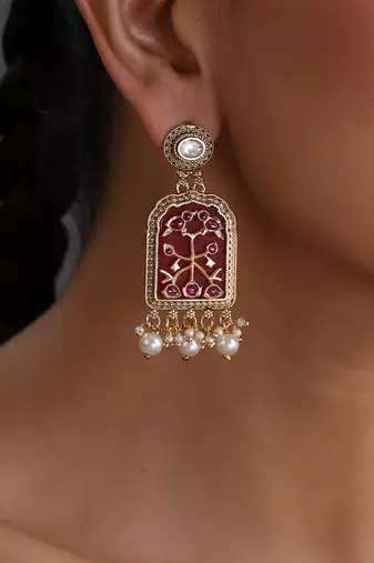 Gold plated red polki dangler earrings