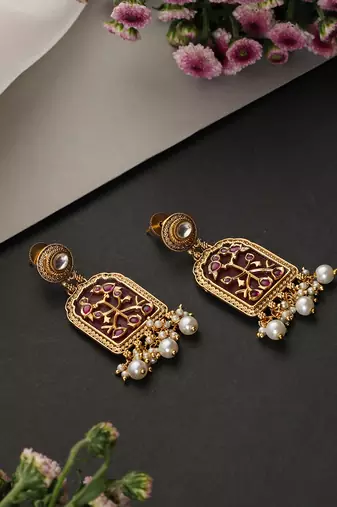 Gold plated red polki dangler earrings