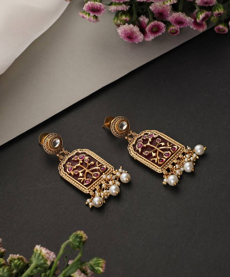 Gold plated red polki dangler earrings