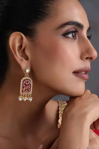 Gold plated red polki dangler earrings