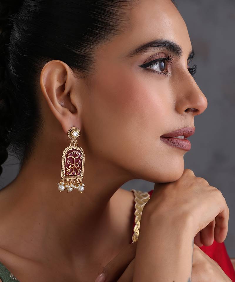 Gold plated red polki dangler earrings