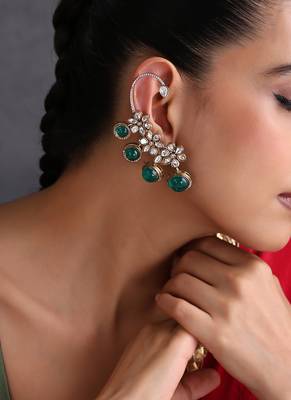 Gold plated emerald green polki ear cuffs 1