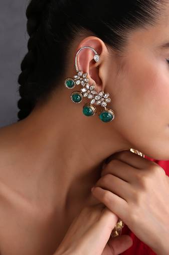 Gold plated emerald green polki ear cuffs