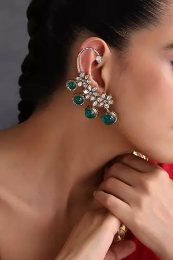 Gold plated emerald green polki ear cuffs