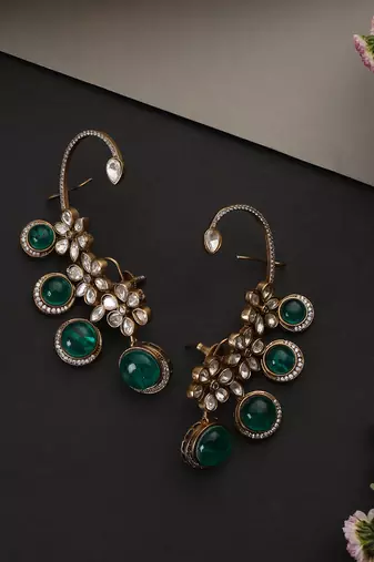 Gold plated emerald green polki ear cuffs