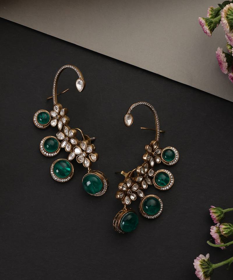Gold plated emerald green polki ear cuffs