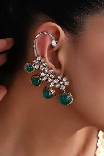 Gold plated emerald green polki ear cuffs