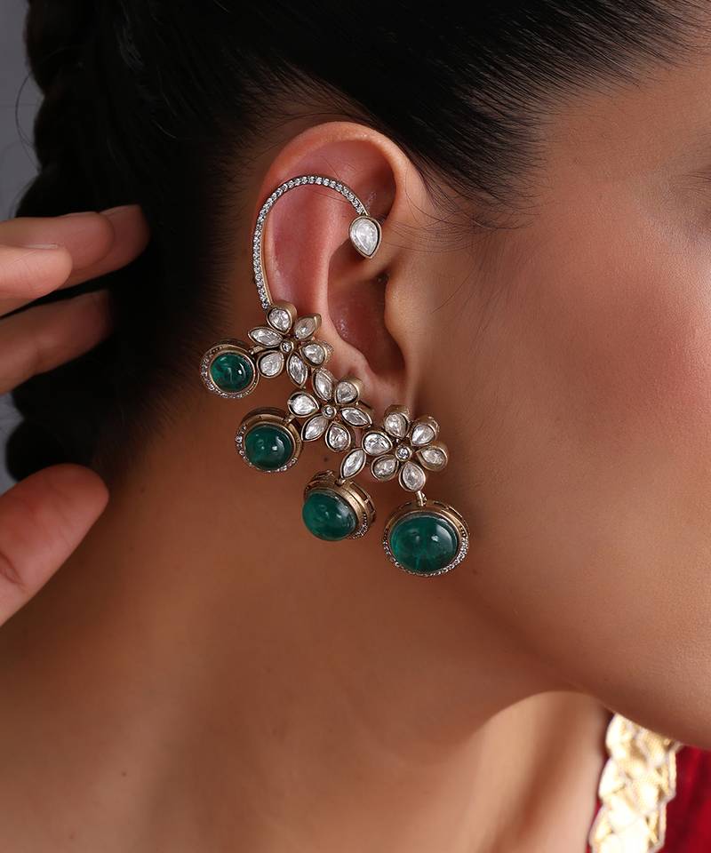 Gold plated emerald green polki ear cuffs