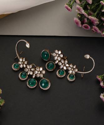 Gold plated emerald green polki ear cuffs 4