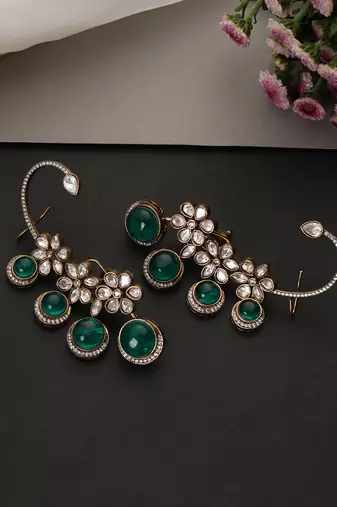 Gold plated emerald green polki ear cuffs