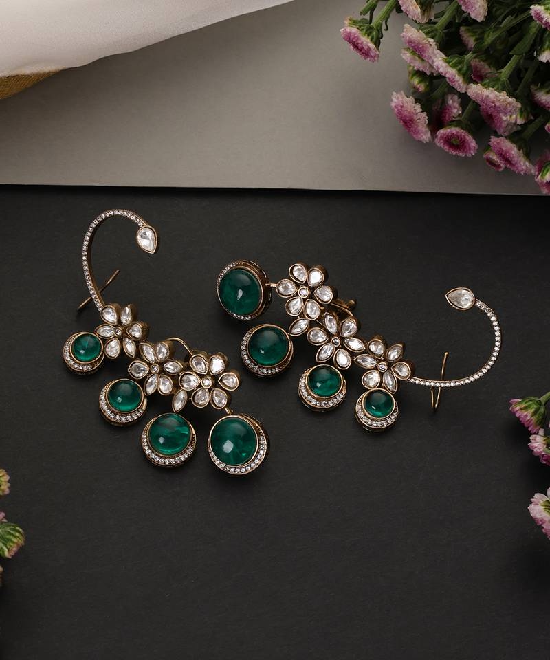 Gold plated emerald green polki ear cuffs