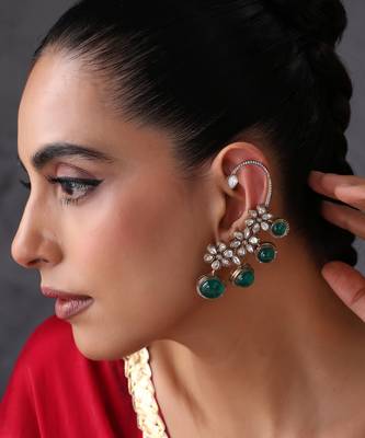 Gold plated emerald green polki ear cuffs 5