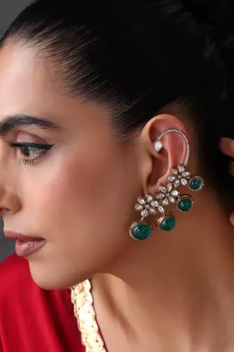 Gold plated emerald green polki ear cuffs