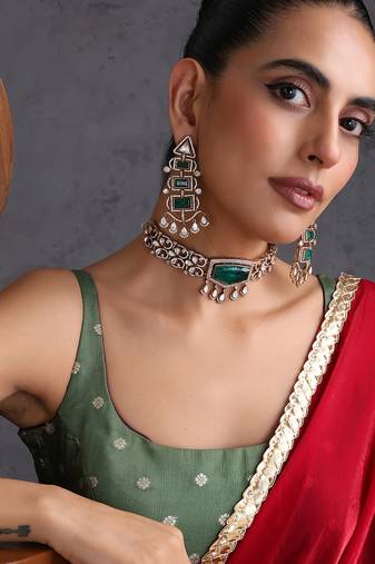 Gold plated emerald green polki choker set