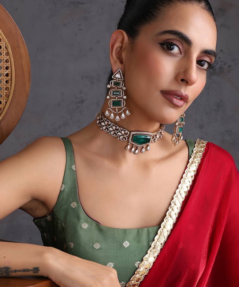 Gold plated emerald green polki choker set