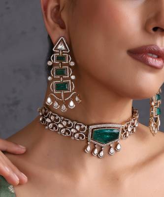 Gold plated emerald green polki choker set 3