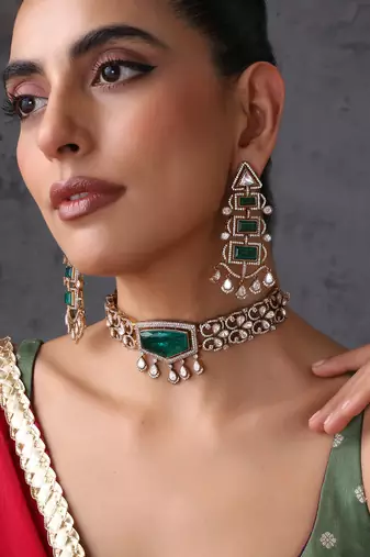 Gold plated emerald green polki choker set