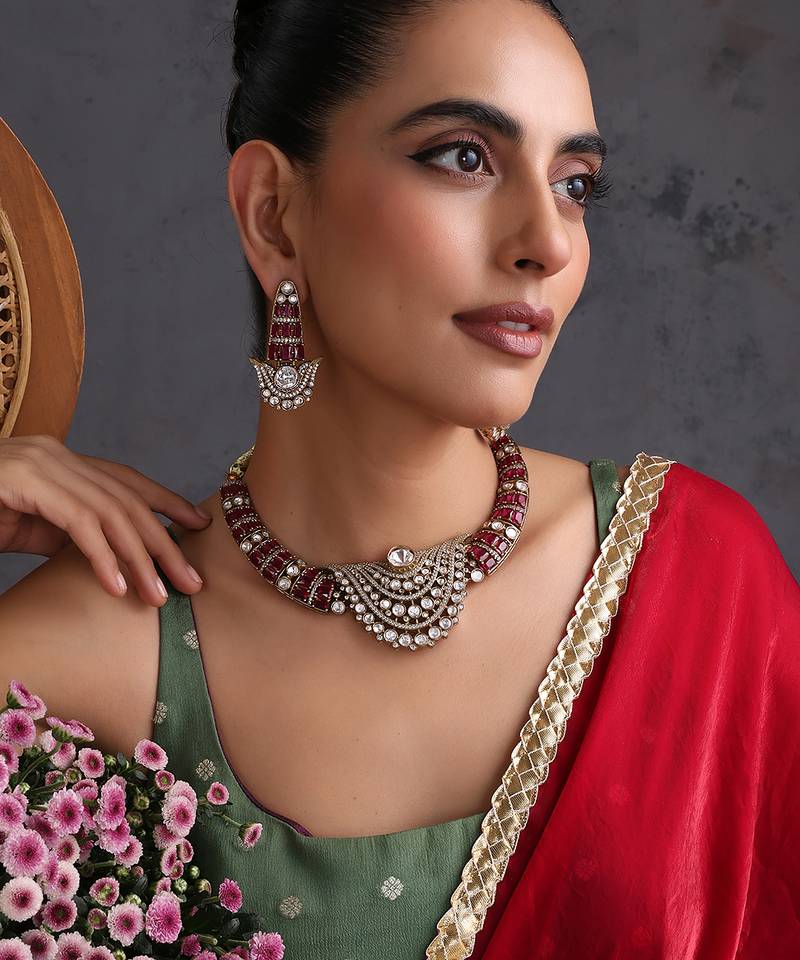 Gold plated ruby red polki necklace set