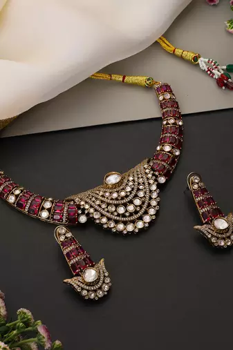 Gold plated ruby red polki necklace set
