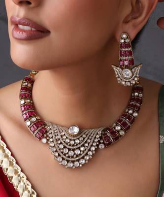 Gold plated ruby red polki necklace set 3
