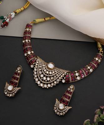 Gold plated ruby red polki necklace set 4