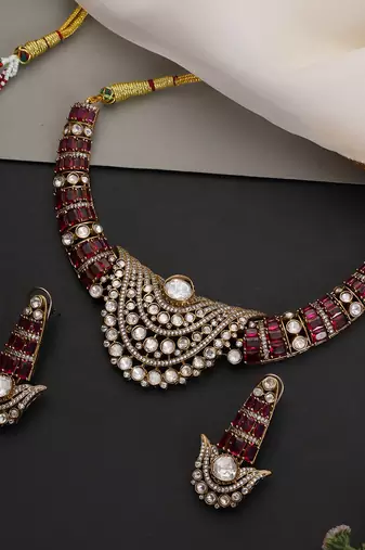 Gold plated ruby red polki necklace set