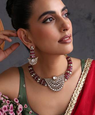 Gold plated ruby red polki necklace set 5