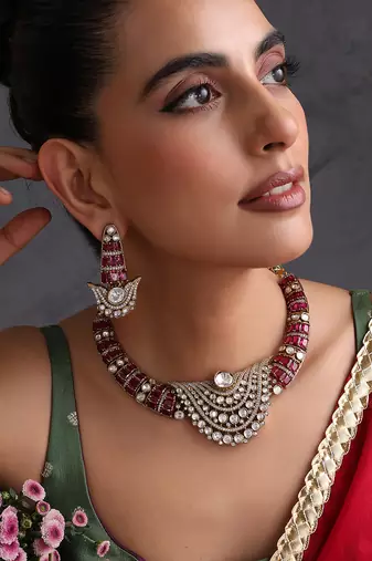 Gold plated ruby red polki necklace set