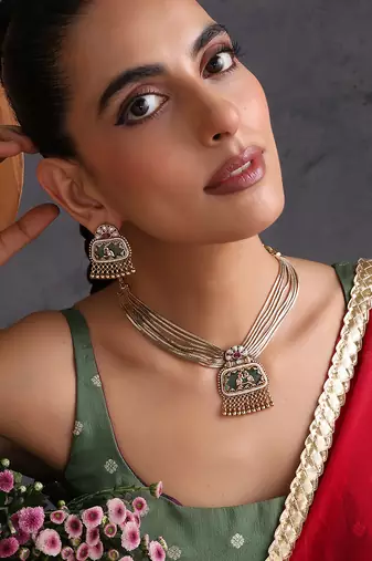 Gold plated mint green polki necklace set