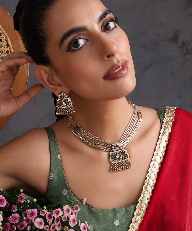 Gold plated mint green polki necklace set