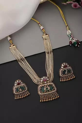 Gold plated mint green polki necklace set