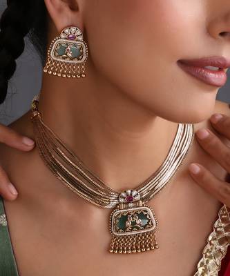 Gold plated mint green polki necklace set 3