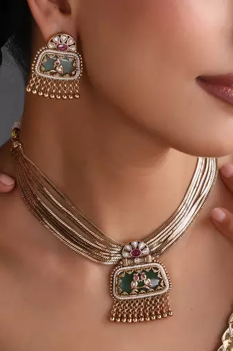 Gold plated mint green polki necklace set