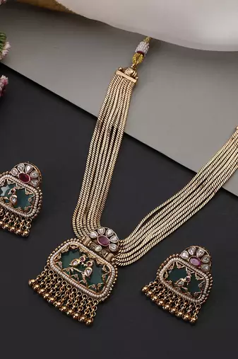 Gold plated mint green polki necklace set