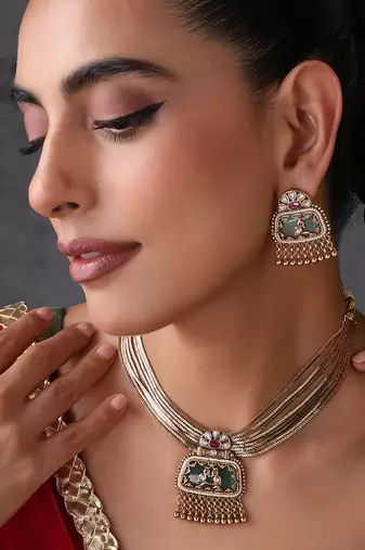 Gold plated mint green polki necklace set