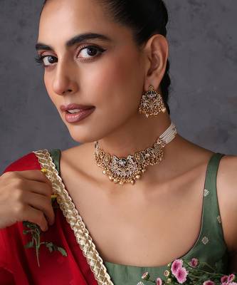 Gold plated multicolor temple motif choker set 1