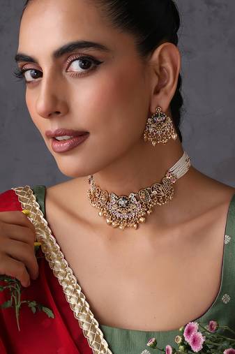 Gold plated multicolor temple motif choker set