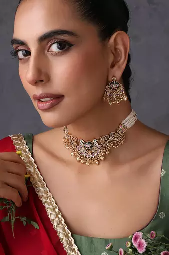 Gold plated multicolor temple motif choker set