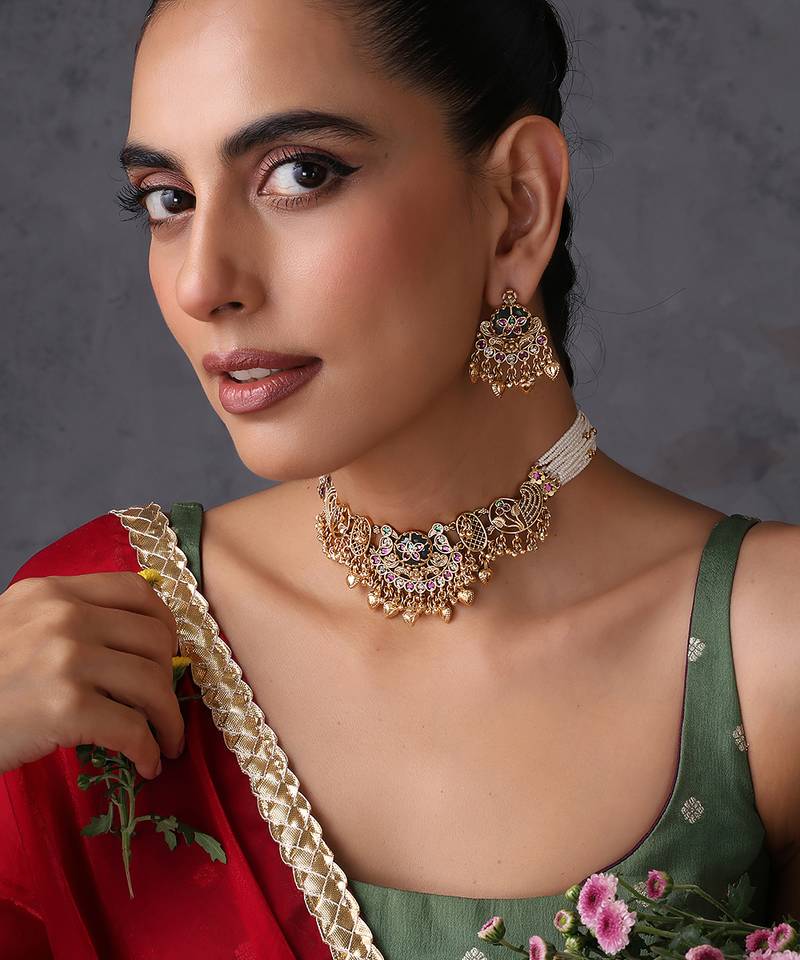 Gold plated multicolor temple motif choker set