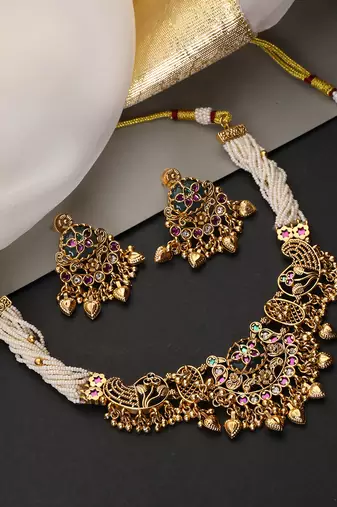 Gold plated multicolor temple motif choker set