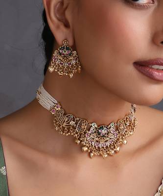 Gold plated multicolor temple motif choker set 3
