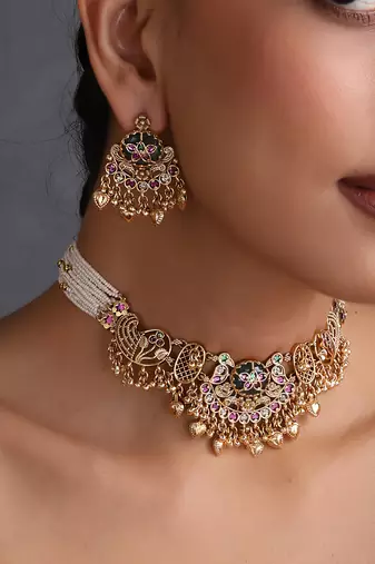 Gold plated multicolor temple motif choker set